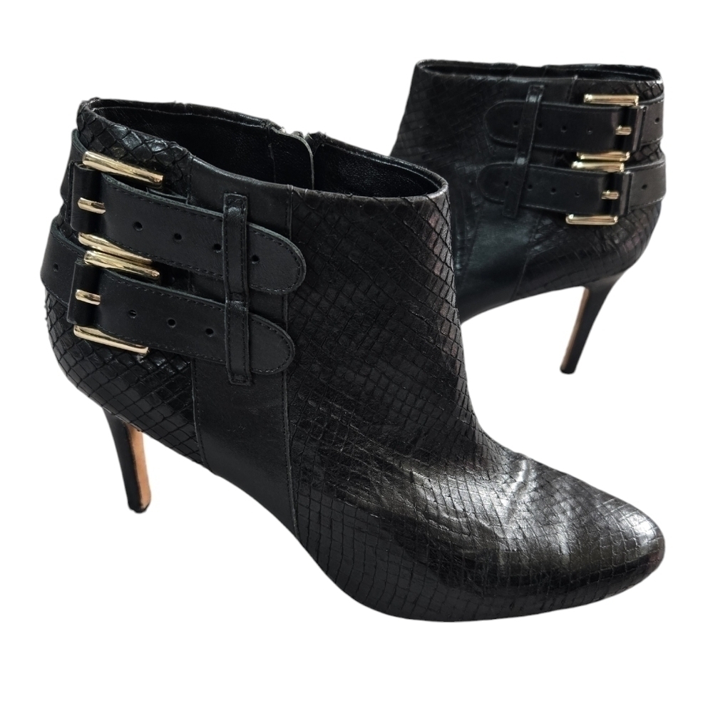 Ann Taylor Black Leather Faux Snakeskin Buckle Accent Booties Stiletto Heel